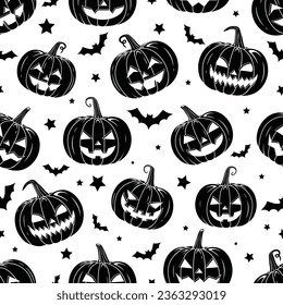 Vector Silhoue Style Scary Halloween pumpkins Seamless Pattern with stars and Bats Black and White Style pumpkin line repeatable and printable texture Happy Halloween Trick or Treat Wallpaper Design
