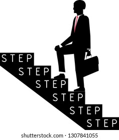 vector silhouete of the man in the suit with briefcase up the stairs with inscription "step" for each step  