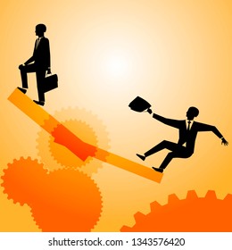 vector silhouete of the man in the suit with briefcase rising by clockwise and another man in the suit with briefcase  falling from clockwise with color background