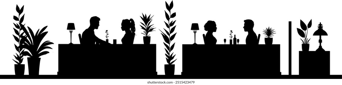 Vector silhouette of 2 men and 2 women in profile - Dating - Sitting at a table in a restaurant and talking - Getting to know and looking at each other