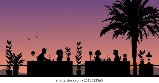 Vector silhouette of 2 men and 2 women in profile - Roof terrace with view of the mountains - Sitting at a table in the restaurant and talking - Getting to know and looking at each other