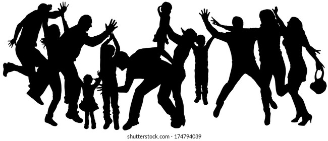 Vector silhouette of adult and children who dance.