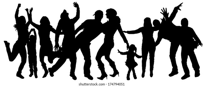 Vector silhouette of adult and children who dance.