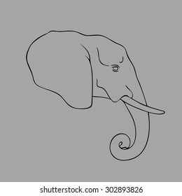 Vector silhouette of an adult elephant head with tusks in profile on a gray background. black stroke