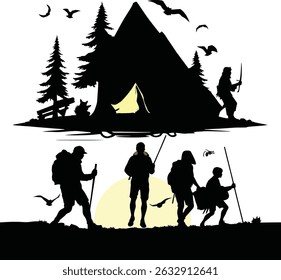 Vector Silhouette of Adventurers Camping in Wilderness – Outdoor Hiking and Nature Exploration