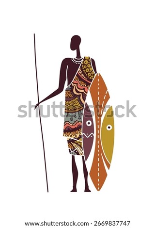 Vector silhouette of African tribal warrior with traditional spear and shield. Ethnic design symbolizing strength, defense and cultural heritage