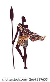Vektorsilhouette des afrikanischen Kriegers mit Speer in traditionell gemusterten Kleidern. Ethnische Stammesdarstellung, die Stärke, Erbe und Kultur symbolisiert