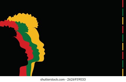 Vectorsilhouet van Afrikaanse vrouw in zijprofiel met Juneteenth-geïnspireerde kleuren en patronen. Cultureel hoogstandontwerp met schone copyspace voor tekst of branding.