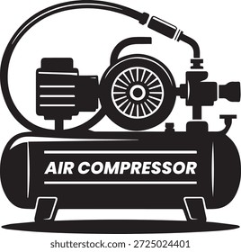 Vektorsilhouette eines Luftkompressors in schwarz. Einfache mechanische Ausrüstung einzeln auf weißem Hintergrund. Ideal für Bau-, Werkstatt-, Industrie-, Heimwerker- und Reparaturprojekte.