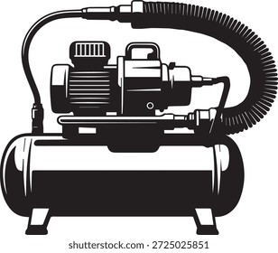 Silhueta vetorial de um compressor de ar em preto. Equipamento mecânico simples isolado em fundo branco. Ideal para construção, oficina, industrial, DIY e projetos de reparação.