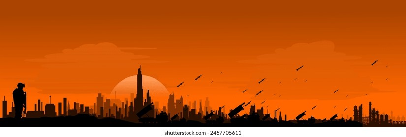 Vector silhouette air defense in front of City Skyline - missile system - fire control post to defend against missiles, drones, aircraft, cruise missiles and ballistic missiles