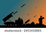 Vector silhouette air defense - Missile system - Fire control post for defense against missiles, drones, aircraft, cruise missiles and ballistic missiles - Saluting soldier