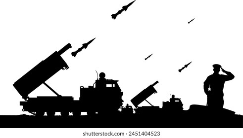 Vector silhouette air defense - Missile system - Fire control post for defense against missiles, drones, aircraft, cruise missiles and ballistic missiles - Saluting soldier