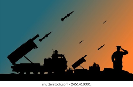 Vector silhouette air defense - Missile system - Fire control post for defense against missiles, drones, aircraft, cruise missiles and ballistic missiles - Saluting soldier