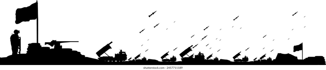 Vector silhouette air defense - missile system - fire control post for defense against missiles, drones, aircraft, cruise missiles and ballistic missiles - soldier in camp