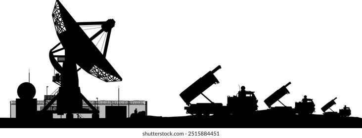 Vector Silhouette Luftverteidigung Radarstation - Raketensystem - Feuerkontrollstation für die Verteidigung gegen Raketen, Drohnen, Flugzeuge, Marschflugkörper und ballistische Raketen - Verteidigungskonflikt und Krieg