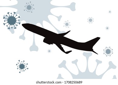 Vector silhouette of aircraft flying in spreading air by bacteria. Symbol of healthy and travel.
