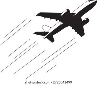 Vektorsilhouette eines Flugzeugs in Schwarz. Einfache Flugzeugform einzeln auf weißem Hintergrund. Perfekt für Reise-, Luftfahrt-, Verkehrs-, Tourismus- und Designprojekte.