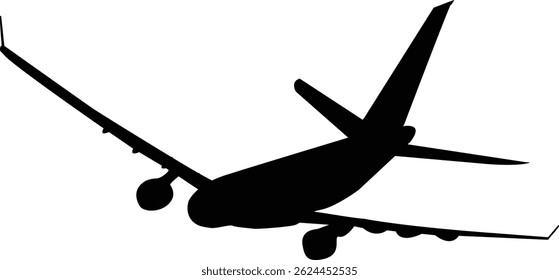 «Vector silhouette of an airplane in flight. Forma simple de avión negro sobre un fondo blanco, ideal para viajes, aviación y conceptos de transporte".
