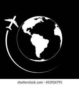 vector silhouette of airplane flying around the silhouette of the planet over America in white on a black background