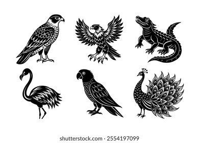Vector Silhouette of Alligator, Flamingo, Peacock, Falcon, Eagle, Parrot.