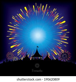 Vector silhouette of amusement park with colorful fireworks background 