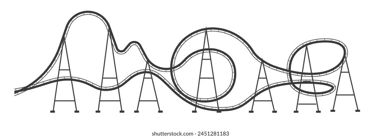 Vector silhouette of amusement park rides including Ferris wheel, roller coaster, on white background, for decor and design.