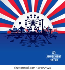 Vector silhouette of amusement park with sunburst background