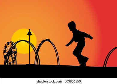 Vector silhouette amusement park at sunset with people