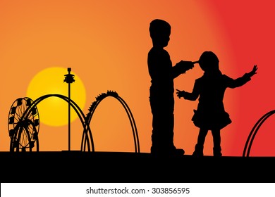 Vector silhouette amusement park at sunset with people