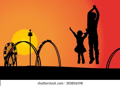 Vector silhouette amusement park at sunset with people