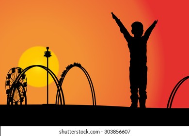 Vector silhouette amusement park at sunset with people
