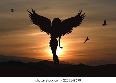 Vector silhouette of angel on sunset background. Symbol of faith and religion.