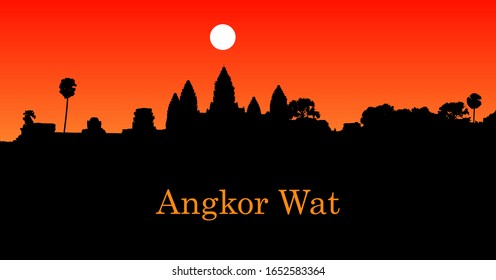 Vector, Silhouette of Angkor Wat temple with the Angkor Wat over sunset background isolation, Cambodia