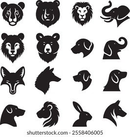 vector silhouette animal head icon set.