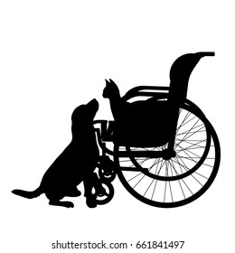 Vector silhouette of animal on wheelchair on white background.