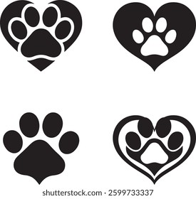 A vector silhouette of animal paw symbols with heart signs represents love, care, and protection, perfect for pet adoption, veterinary, and rescue branding