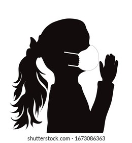 Vector silhouette of anonymous child is praying with medical mask on white background. Symbol of healthy and sick. Danger of coronavirus.
