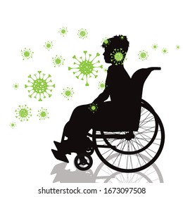 Vektorillustration Silhouette eines anonymen Kindes, das auf Rollstuhl sitzt und Bakterien auf weißem Hintergrund verbreitet. Symbol für gesund und krank. Gefahr des Coronavirus.