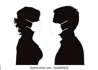 Vector silhouette of anonymous couple with medical mask on white background. Symbol of healthy and sick. Danger of coronavirus.