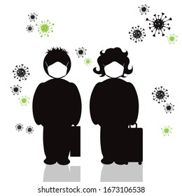 Vector silhouette of anonymous couple who travel with medical mask on white background. Symbol of healthy and sick. Danger of coronavirus.