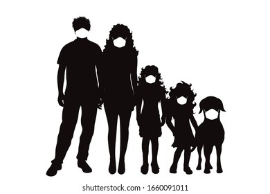 Vector silhouette of anonymous family with medical mask on white background. Symbol of healthy and sick. Danger of coronavirus.