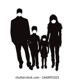 Vector silhouette of anonymous family with medical mask on white background. Symbol of healthy and sick. Danger of coronavirus.