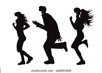 Vector silhouette of anonymous group of people who running with medical mask on white background. Symbol of healthy and sick. Danger of coronavirus.