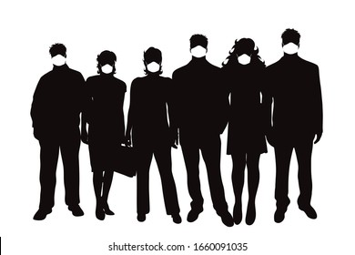 Vector silhouette of anonymous group of people with medical mask on white background. Symbol of healthy and sick. Danger of coronavirus.