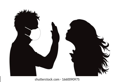 Vector silhouette of anonymous man show stop virus gesture with medical mask on white background. Symbol of healthy and sick. Danger of coronavirus.