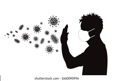 Vector silhouette of anonymous man show stop virus gesture with medical mask on white background. Symbol of healthy and sick. Danger of coronavirus.