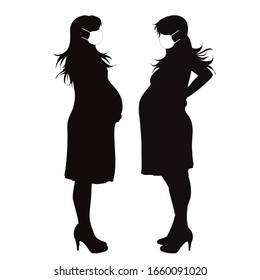 Vector silhouette of anonymous pregnant woman with medical mask on white background. Symbol of healthy and sick. Danger of coronavirus.