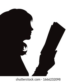 Vector silhouette of anonymous woman who read a book on white background. Symbol of people and study.