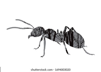Vector silhouette of ant with trees on background. Symbol of forest.